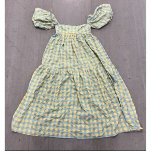 Zara Women's Yellow Blue Gingham Maxi Dress XS Puff Sleeve Tiered Cottagecore